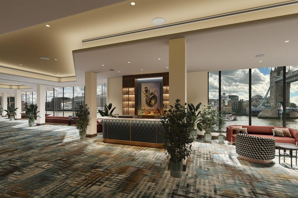 The Bridge suite at The Tower Hotel London, decorated with planters and view of the bar with a view tower bridge behind