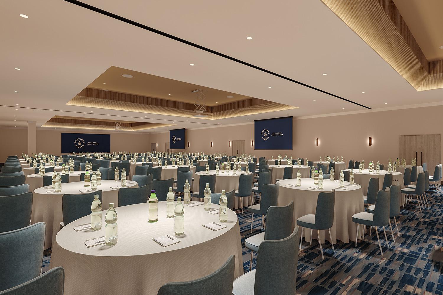 The Tower suite at The Tower Hotel London decorated for a cabaret with rows of round tables.