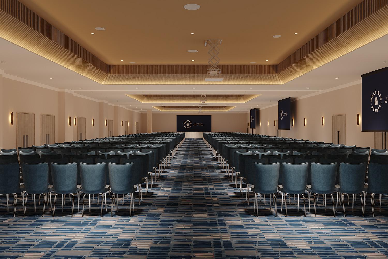 The Tower suite at The Tower Hotel London decorated for a presentation. Loads of chair facing a screen with a wide walk way between the chairs.